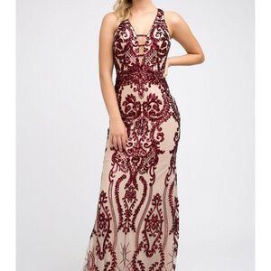 Sequined Open Back Prom Nude-Burgundy Dress JT243
